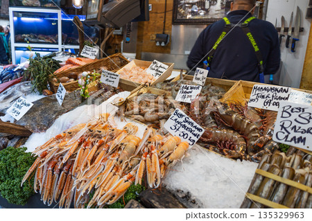 Fresh Seafood Display at Borough Market, Fishmonger Stall. London, UK, 29 March 2024 Fresh Seafood Display at Borough Market, Fishmonger Stall. London, UK, 29 March 2024 135329963