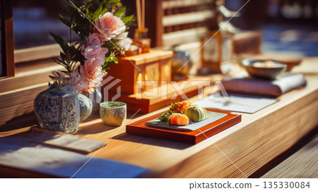一盤壽司擺放在木製祭壇上，旁邊擺放著鮮花。 135330084