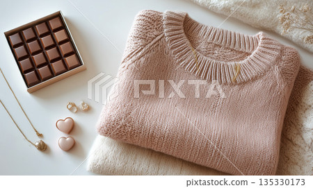 一件舒適的粉紅色針織毛衣和巧克力。 135330173