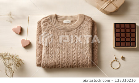 一件暖米色的針織衫放在木質表面上。 135330236