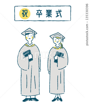 Illustration of a man and woman wearing academic gowns standing under the word "Graduation" Illustration of a man and woman wearing academic gowns standing under the word "Graduation" 135330396