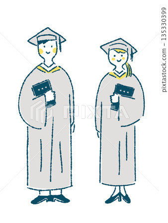 Illustration of men and women standing in academic gowns Illustration of men and women standing in academic gowns 135330399