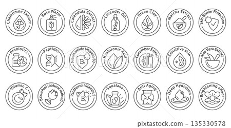 Line art circular skincare stamp icon set with botanical ingredients and cosmetic care labels, Vitamins, hydration, sensitive, and more, in a vector illustration 135330578