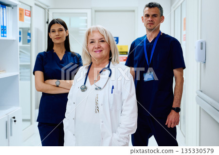 Team of healthcare professionals in a modern hospital corridor during a busy shift 135330579