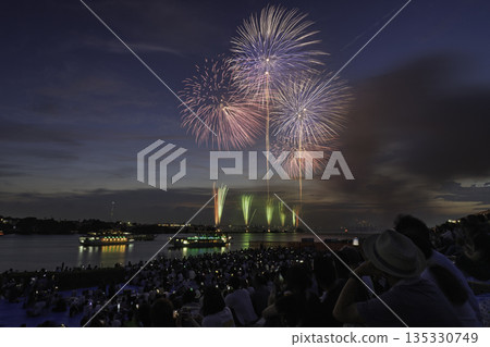 煙火表演和觀賞煙火的人們 煙火表演和觀賞煙火的人們 135330749