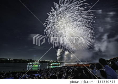 煙火表演和觀賞煙火的人們 135330751
