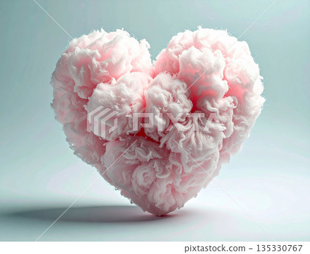 Background for Valentine's Day. Cotton candy in shape of a big pink heart. Pink cloud heart. 135330767