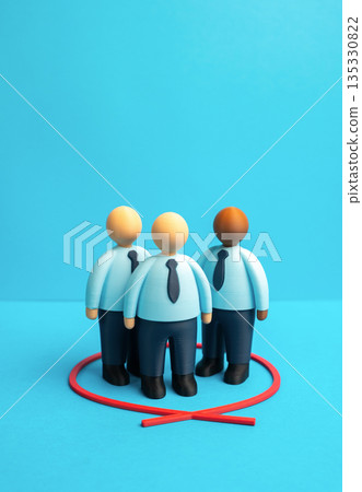 Office workers circled in red. Team building. Together. Teamwork. Focus on people as a core asset, collaboration culture and unity at work, shared goals and collective responsibility performance Office workers circled in red. Team building. Together. Teamwork. Focus on people as a core asset, collaboration culture and unity at work, shared goals and collective responsibility performance 135330822