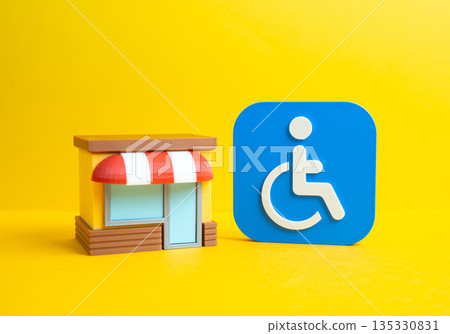 Store and symbol for a person with disabilities. Accessible environment and entrances. Workplaces for people with disabilities, inclusive retail design 135330831
