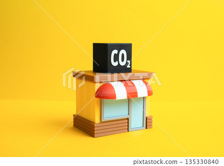 A store and a CO2 cube on the roof. Commercial carbon dioxide emissions. Business environmental impact, sustainability challenge and climate responsibility. 135330840