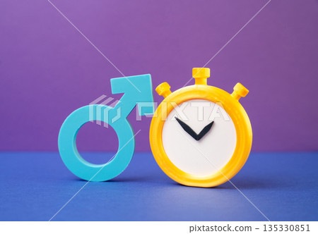 Male gender symbol and stopwatch. Concept of intercourse duration. Improving sexual performance. Health and fertility in men. Masculine wellbeing, confidence topics and medical awareness 135330851