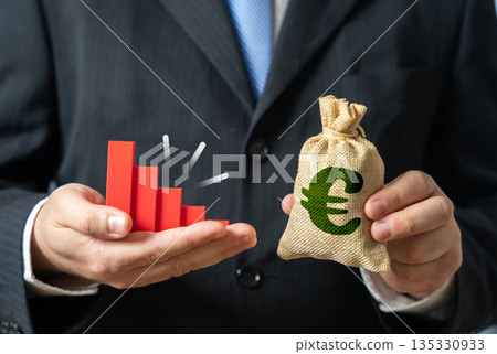 Euro money bag and capital decline, revenue reduction. Poor market conditions, downward trend. Companies face shrinking profits and tighter budgets. Economic risks Euro money bag and capital decline, revenue reduction. Poor market conditions, downward trend. Companies face shrinking profits and tighter budgets. Economic risks 135330933