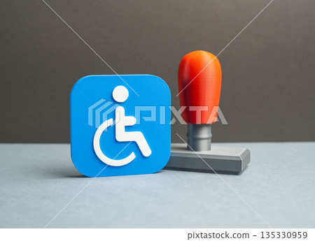 Disability sign and stamp. Concept for registering status and receiving benefits, and pension processing. Symbol of Access. Social protection system, legal recognition Disability sign and stamp. Concept for registering status and receiving benefits, and pension processing. Symbol of Access. Social protection system, legal recognition 135330959