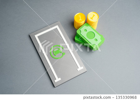 Parking space with charging and cash. Paid charging for electric cars. EV infrastructure business model, urban mobility services and monetization of charging points. Convenience pricing 135330968