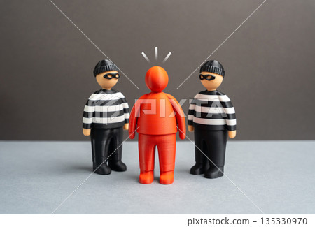 The victim is surrounded by robbers and criminals. A victim of deception and fraud. Financial crime scenario, scam awareness and personal security risks. Consequences of trust abuse The victim is surrounded by robbers and criminals. A victim of deception and fraud. Financial crime scenario, scam awareness and personal security risks. Consequences of trust abuse 135330970