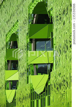 Facade and details of Euronews building. Euronews is a multilingual news television channel, headquartered in Lyon-Confluence., France 135330986