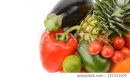Fresh Assorted Vegetables and Fruits Composition on White Background Fresh Assorted Vegetables and Fruits Composition on White Background 135331035