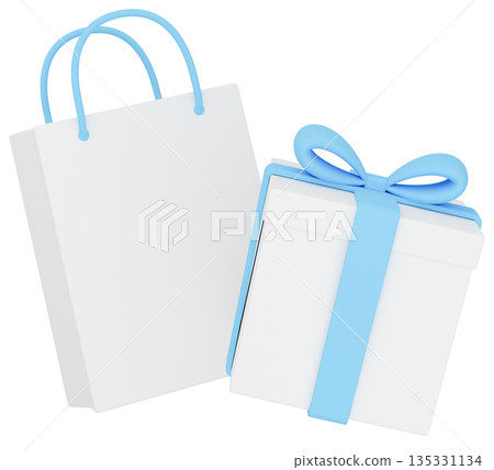 3D插圖_禮物和淺藍色紙袋 3D插圖_禮物和淺藍色紙袋 135331134