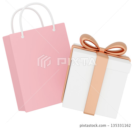 3D插圖_金色禮物和紙袋 135331162