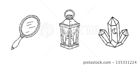 Mystical valentine hand drawn vector line art set with magic mirror vintage lantern and moon crystal for boho wedding invitation aesthetic illustration 135331224