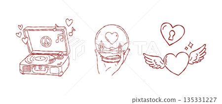 Vintage valentine hand drawn vector line art set with gramophone crystal ball and winged hearts for boho wedding invitation card aesthetic illustration Vintage valentine hand drawn vector line art set with gramophone crystal ball and winged hearts for boho wedding invitation card aesthetic illustration 135331227