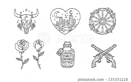 Western valentine hand drawn vector line art set with bull skull desert heart and starlit dreams bottle for boho wedding invitation aesthetic illustration Western valentine hand drawn vector line art set with bull skull desert heart and starlit dreams bottle for boho wedding invitation aesthetic illustration 135331228