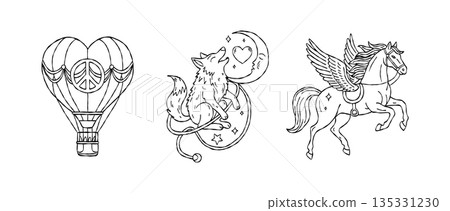 Mystical valentine hand drawn vector line art set with hot air balloon wolf moon and pegasus for boho wedding invitation aesthetic illustration print Mystical valentine hand drawn vector line art set with hot air balloon wolf moon and pegasus for boho wedding invitation aesthetic illustration print 135331230