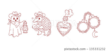 Cute western valentine hand drawn vector line art set with ghost armadillo cowboy potion and handcuffs for boho wedding invitation aesthetic illustration Cute western valentine hand drawn vector line art set with ghost armadillo cowboy potion and handcuffs for boho wedding invitation aesthetic illustration 135331232
