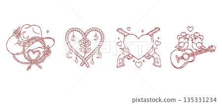 Western cowboy valentine hand drawn vector line art set with guitar birds and lasso heart for boho wedding invitation aesthetic illustration print 135331234