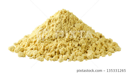 Pile of ground mustard close-up on a white background. Isolated 135331265