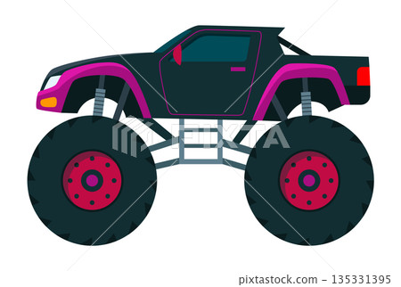 Monster truck. Bright colorful cartoon auto with big wheels. Heavy car with large tires and black tinted windows. Isolated rally 4x4 computer or mobile game Monster truck. Bright colorful cartoon auto with big wheels. Heavy car with large tires and black tinted windows. Isolated rally 4x4 computer or mobile game 135331395