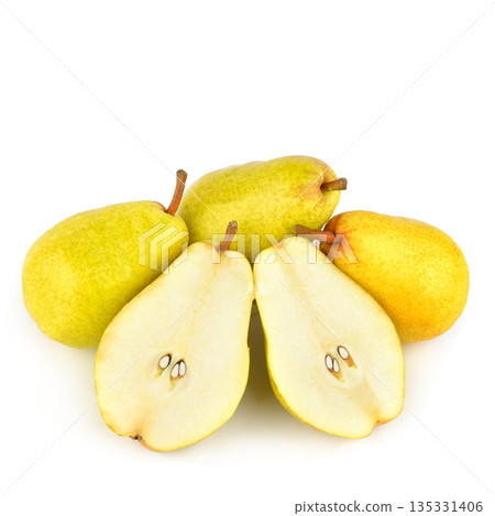 Group of Ripe Yellow Pears with Halves Isolated on White Group of Ripe Yellow Pears with Halves Isolated on White 135331406