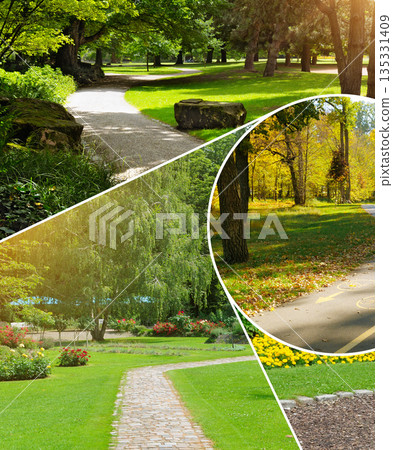 Vibrant Nature Collage with Walking Paths and Flower Beds 135331409