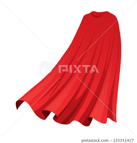 Superhero red cape in back view. Scarlet fabric silk cloak. Mantle costume or cover cartoon vector illustration 135331427