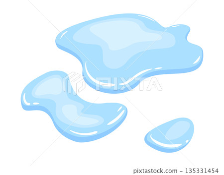 Water spill puddle. Blue liquid shape in flat cartoon style. Clean fluid drop design element isolated on white background Water spill puddle. Blue liquid shape in flat cartoon style. Clean fluid drop design element isolated on white background 135331454