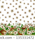 White flowers, green leaves, branches, kiwi. Seamless coupon pattern with a border on a white background. Botanical template for home kitchen textiles, wrapping paper, packaging, wallpaper, scrapbook 135331472