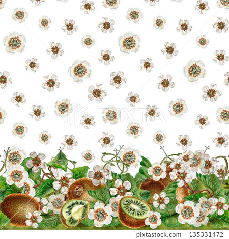 White flowers, green leaves, branches, kiwi. Seamless coupon pattern with a border on a white background. Botanical template for home kitchen textiles, wrapping paper, packaging, wallpaper, scrapbook White flowers, green leaves, branches, kiwi. Seamless coupon pattern with a border on a white background. Botanical template for home kitchen textiles, wrapping paper, packaging, wallpaper, scrapbook 135331472