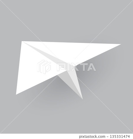 Paper plane model. Origami handmade aircraft view. Vector white paper airplane with shadow, isolated on gray background 135331474