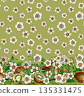 White flowers, green leaves, branches, kiwi. Seamless coupon pattern with a border on a green background. Botanical template for home kitchen textiles, wrapping paper, packaging, wallpaper, scrapbook 135331475