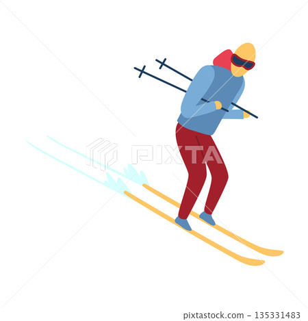 Man on mountain ski resort. Winter web banner design element. Sport on vacations or winter activity. Sports descent on skis in mountains hills. Vector cartoon illustration Man on mountain ski resort. Winter web banner design element. Sport on vacations or winter activity. Sports descent on skis in mountains hills. Vector cartoon illustration 135331483