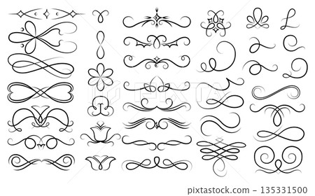 Flourish calligraphic design elements set. Vintage swirls and scrolls for page decoration. Ornate symbols for retro design frames and invitations Flourish calligraphic design elements set. Vintage swirls and scrolls for page decoration. Ornate symbols for retro design frames and invitations 135331500