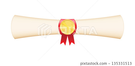 A paper scroll with a graduate diploma about graduation of university, college, school, education certificate, graduation degree. Diploma decorated with a wax seal and a red ribbon A paper scroll with a graduate diploma about graduation of university, college, school, education certificate, graduation degree. Diploma decorated with a wax seal and a red ribbon 135331513