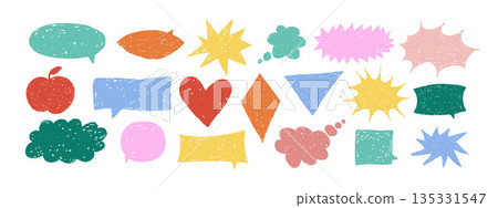 Colored speech bubble set with chalk texture, funny geometric bubble shapes for text, a collection of text boxes with circles, stars, and hearts. Vector illustration. Colored speech bubble set with chalk texture, funny geometric bubble shapes for text, a collection of text boxes with circles, stars, and hearts. Vector illustration. 135331547