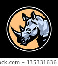 Rhinoceros head. Logo in a round frame on dark background. 135331636