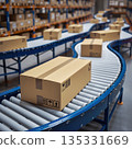 Conveyor belt moves boxes in a warehouse for shipping at a busy distribution center during the day 135331669