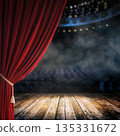 Stage with red curtain and empty seats in theater during an event at night 135331672