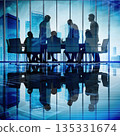 Meeting of business people discussing ideas in tall building with glass walls and city background at daytime 135331674