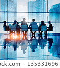 Discussion takes place in a modern office with large windows showing a cityscape during early morning light 135331696
