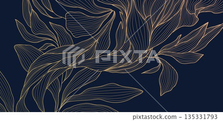 Luxury botanical pattern, elegant gold line leaves background. Modern vector design, nature tropical foliage, organic texture, wallpaper, premium decorative print Luxury botanical pattern, elegant gold line leaves background. Modern vector design, nature tropical foliage, organic texture, wallpaper, premium decorative print 135331793