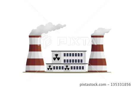 nuclear power station, nuclear power plant facility with cooling towers and a building displaying the radiation symbol, International Ionizing Radiation Danger Symbol, future energy 135331856
